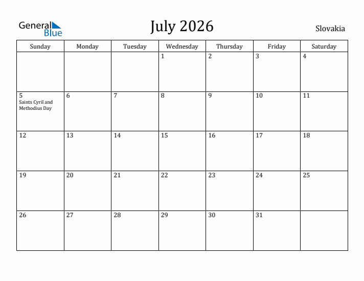 July 2026 Calendar Slovakia