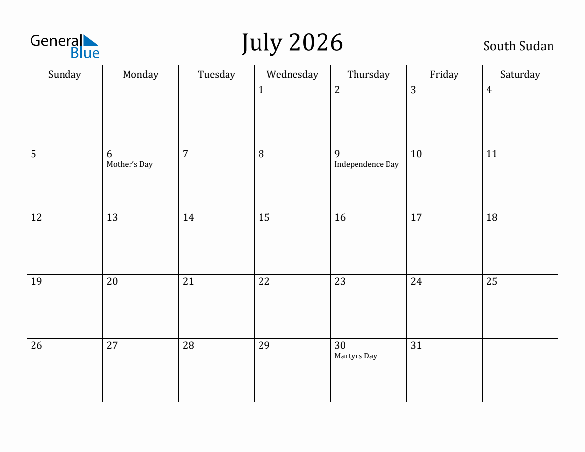 July 2026 Monthly Calendar with South Sudan Holidays