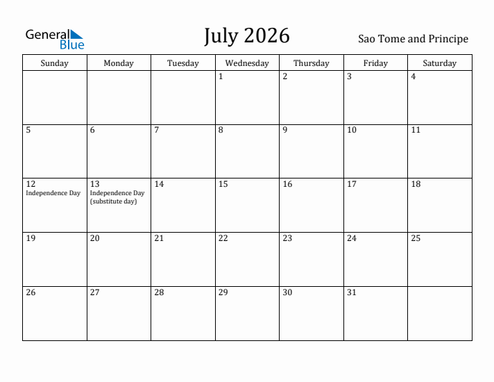 July 2026 Calendar Sao Tome and Principe