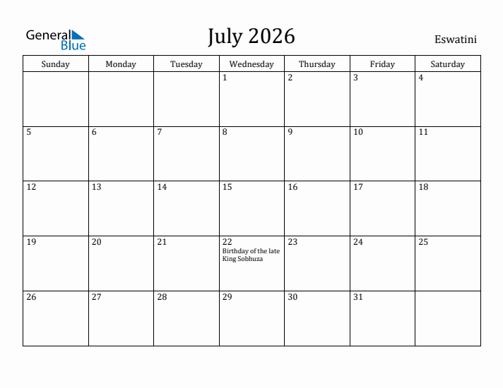 July 2026 Calendar Eswatini