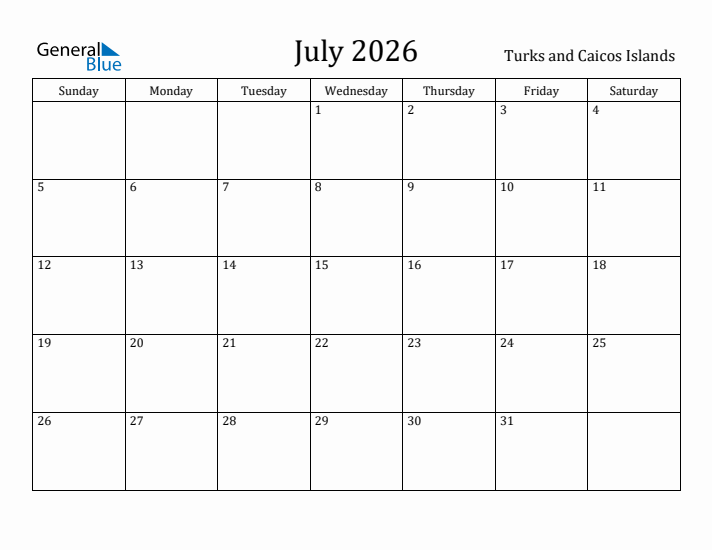 July 2026 Calendar Turks and Caicos Islands