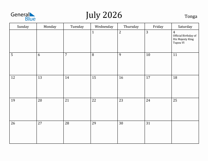 July 2026 Calendar Tonga