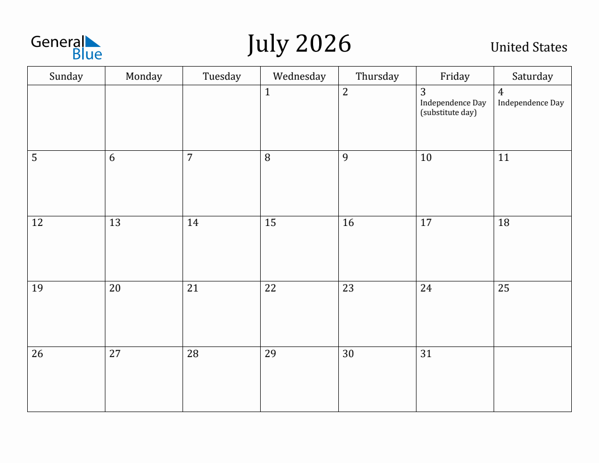July 2026 Monthly Calendar with United States Holidays