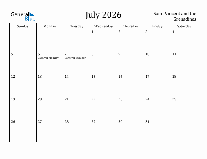 July 2026 Calendar Saint Vincent and the Grenadines