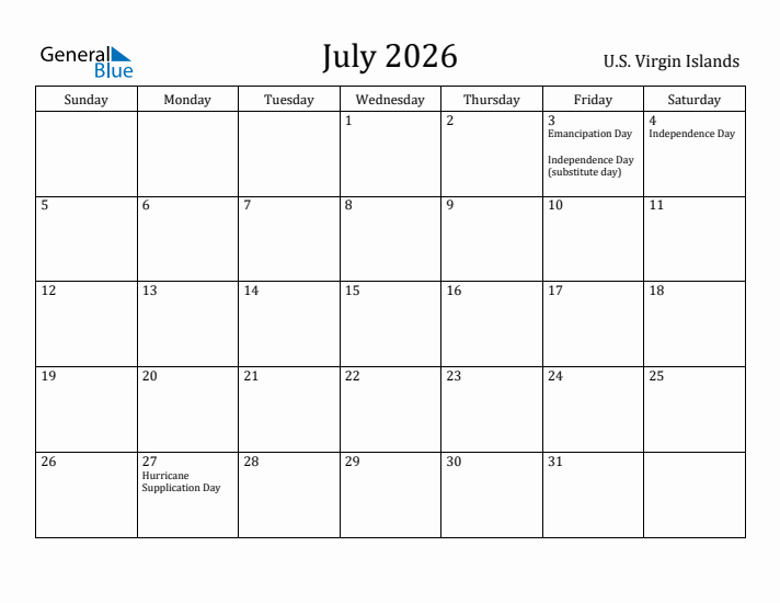 July 2026 Calendar U.S. Virgin Islands