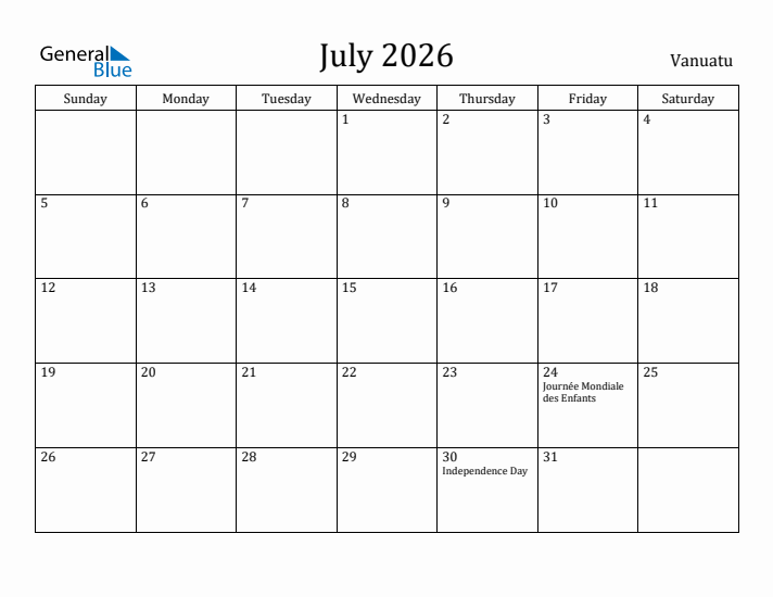 July 2026 Calendar Vanuatu