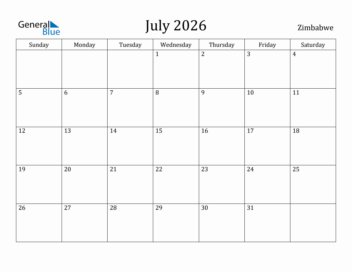 July 2026 Monthly Calendar with Zimbabwe Holidays