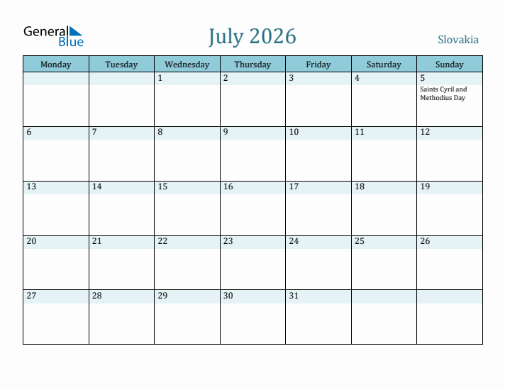 July 2026 Calendar with Holidays
