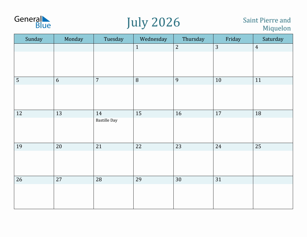 Saint Pierre and Miquelon Holiday Calendar for July 2026