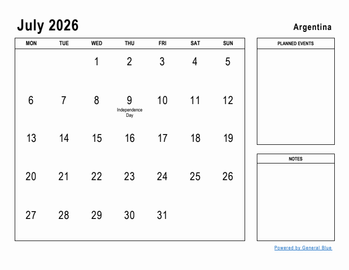 July 2026 Printable Monthly Calendar with Argentina Holidays