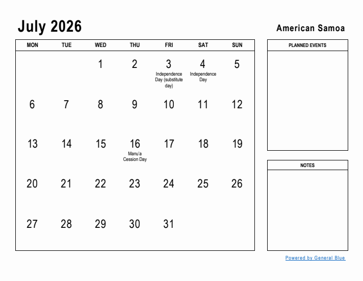 July 2026 Printable Monthly Calendar with American Samoa Holidays