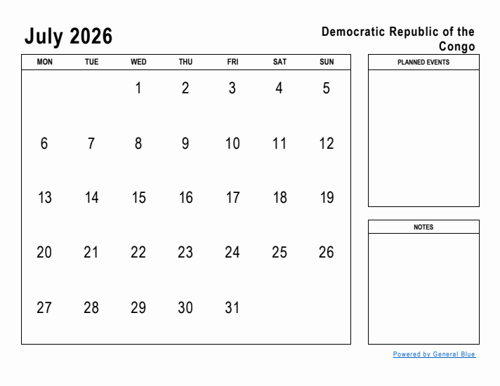 July 2026 Printable Monthly Calendar with Democratic Republic of the Congo Holidays