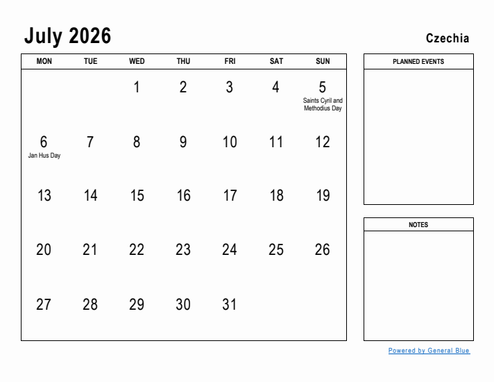 July 2026 Printable Monthly Calendar with Czechia Holidays