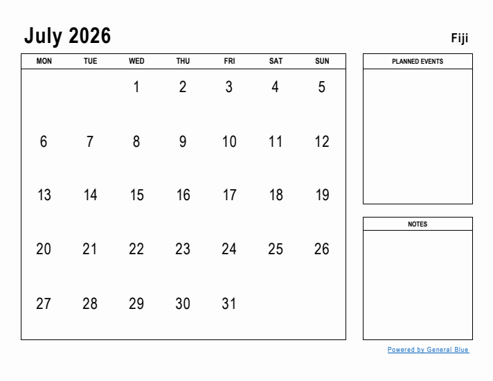 July 2026 Printable Monthly Calendar with Fiji Holidays
