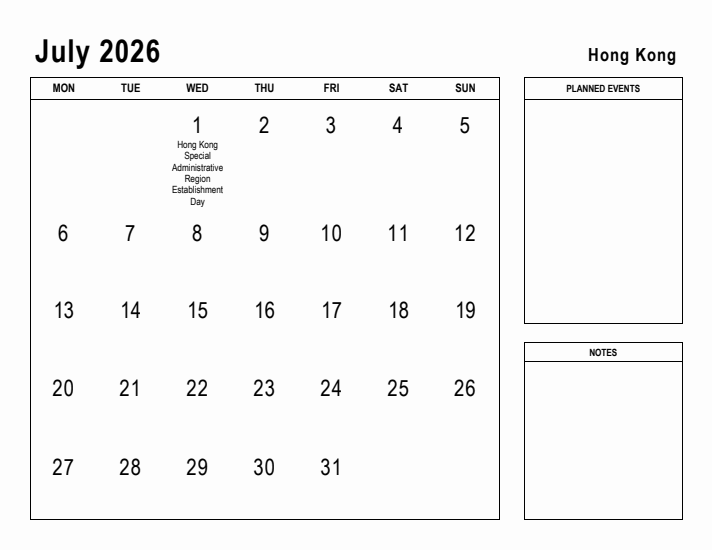 July 2026 Printable Monthly Calendar with Hong Kong Holidays