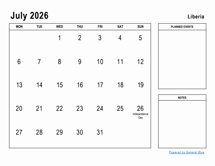 July 2026 Printable Monthly Calendar with Liberia Holidays
