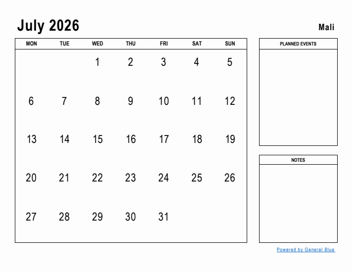 July 2026 Printable Monthly Calendar with Mali Holidays