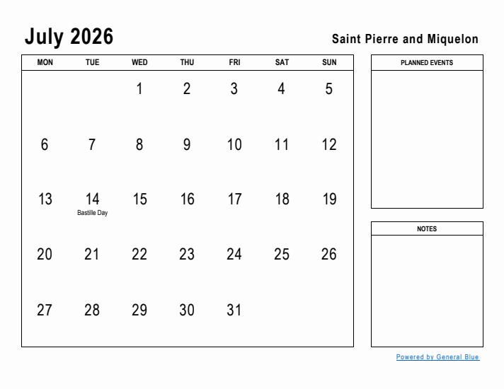 July 2026 Printable Monthly Calendar with Saint Pierre and Miquelon Holidays
