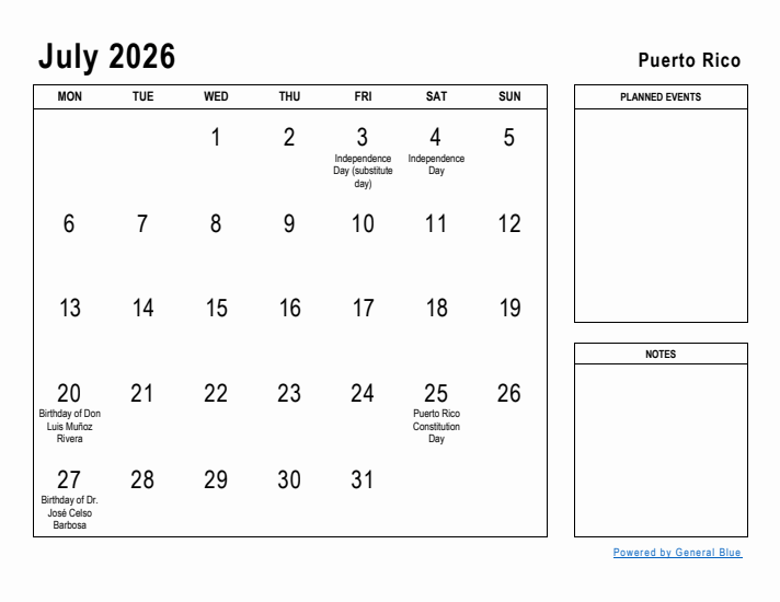 July 2026 Printable Monthly Calendar with Puerto Rico Holidays