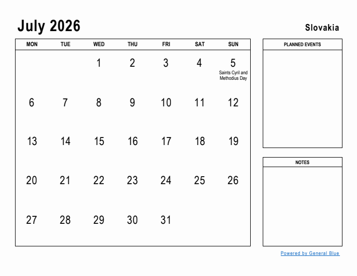 July 2026 Printable Monthly Calendar with Slovakia Holidays