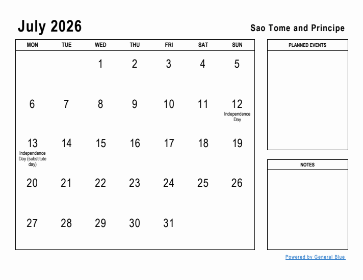 July 2026 Printable Monthly Calendar with Sao Tome and Principe Holidays