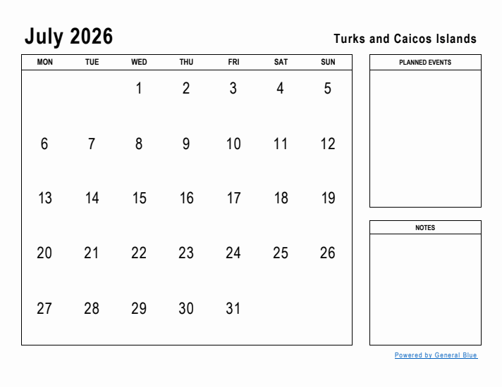 July 2026 Printable Monthly Calendar with Turks and Caicos Islands Holidays