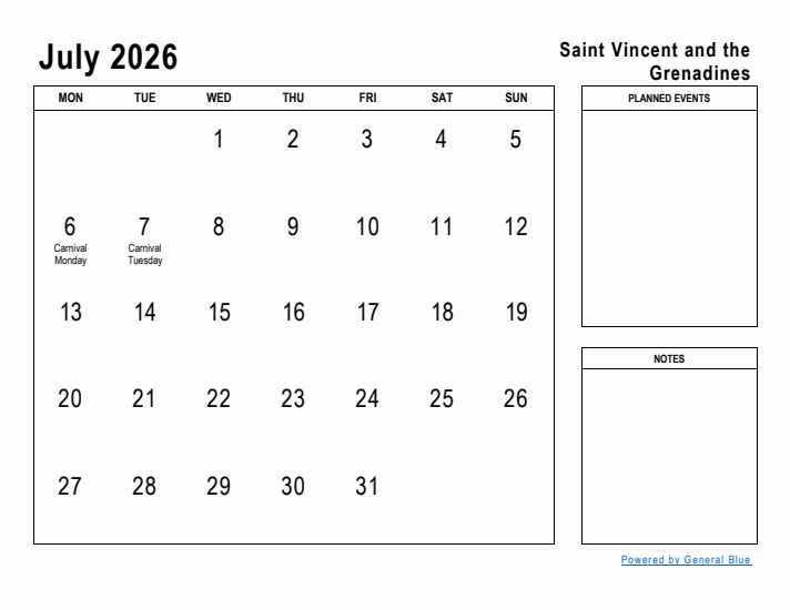 July 2026 Printable Monthly Calendar with Saint Vincent and the Grenadines Holidays
