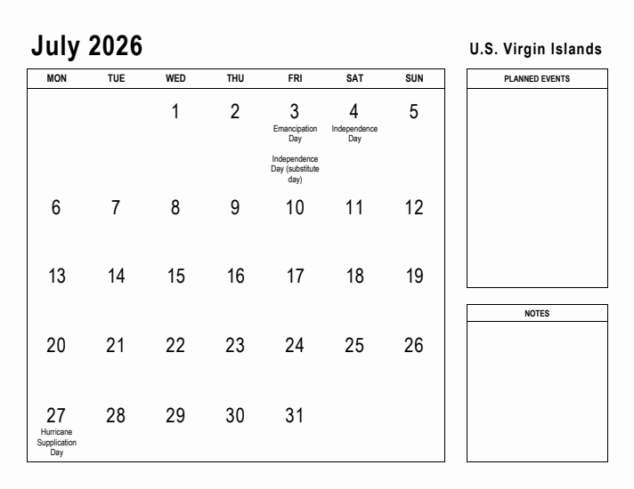July 2026 Printable Monthly Calendar with U.S. Virgin Islands Holidays