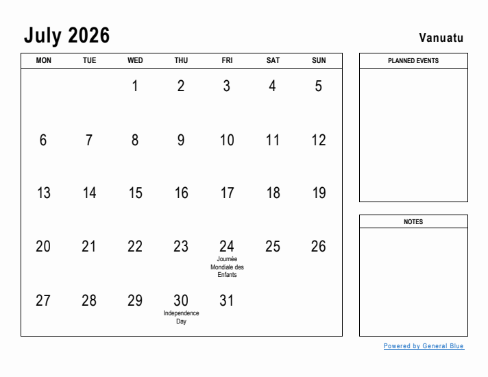 July 2026 Printable Monthly Calendar with Vanuatu Holidays