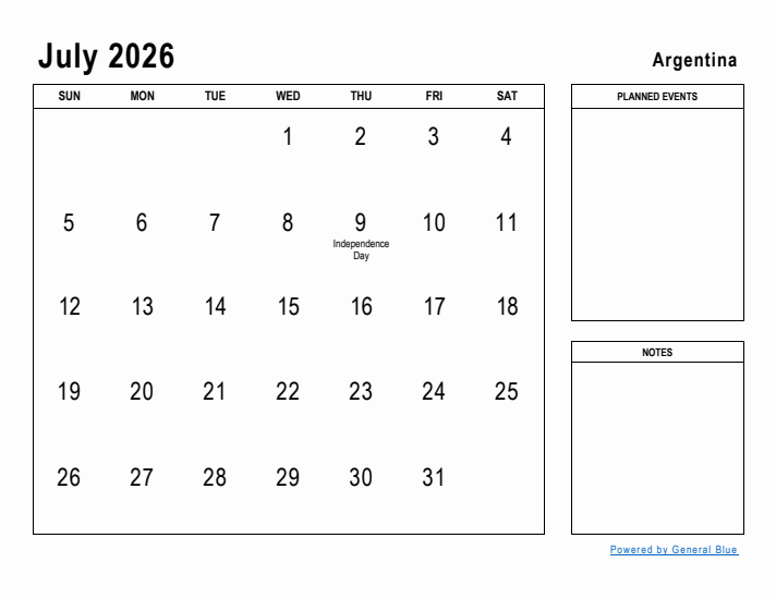 July 2026 Printable Monthly Calendar with Argentina Holidays