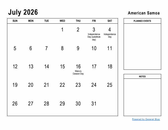 July 2026 Printable Monthly Calendar with American Samoa Holidays