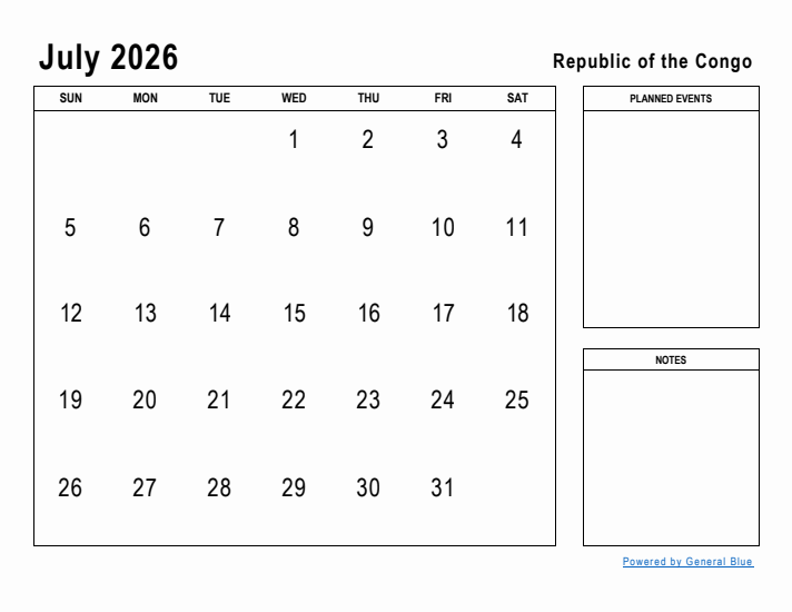 July 2026 Printable Monthly Calendar with Republic of the Congo Holidays