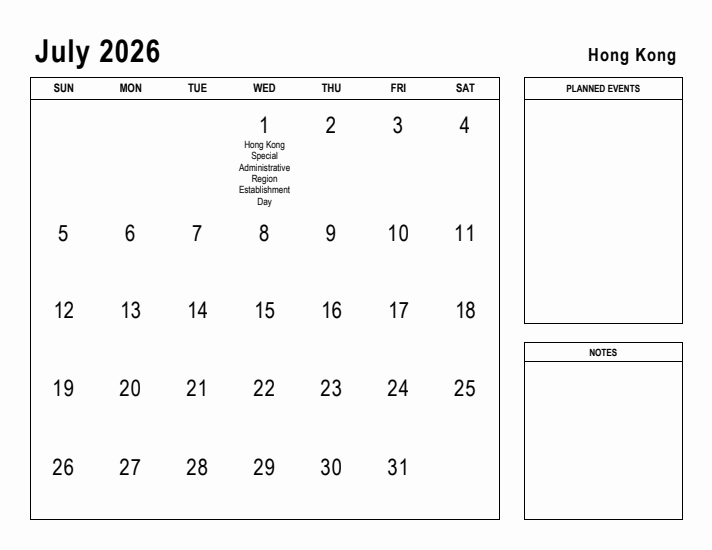 July 2026 Printable Monthly Calendar with Hong Kong Holidays