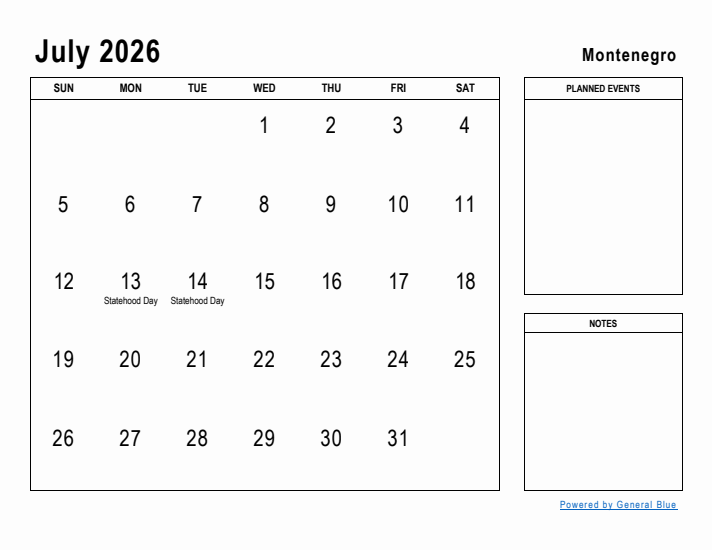 July 2026 Printable Monthly Calendar with Montenegro Holidays