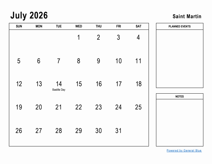 July 2026 Printable Monthly Calendar with Saint Martin Holidays