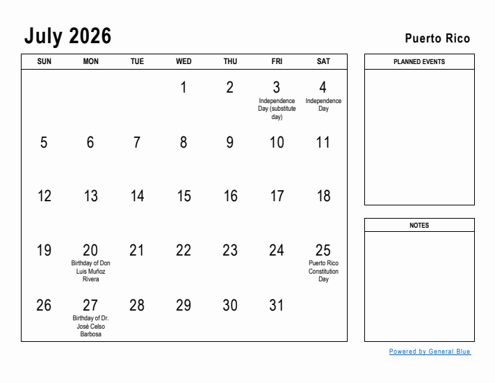 July 2026 Printable Monthly Calendar with Puerto Rico Holidays