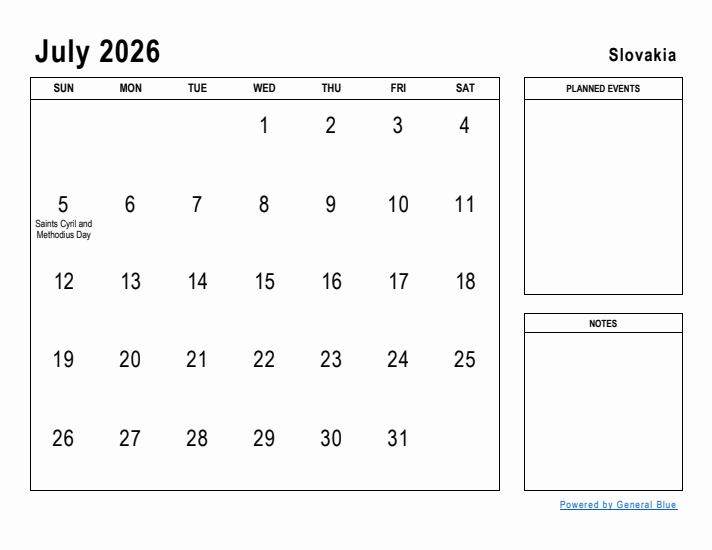 July 2026 Printable Monthly Calendar with Slovakia Holidays