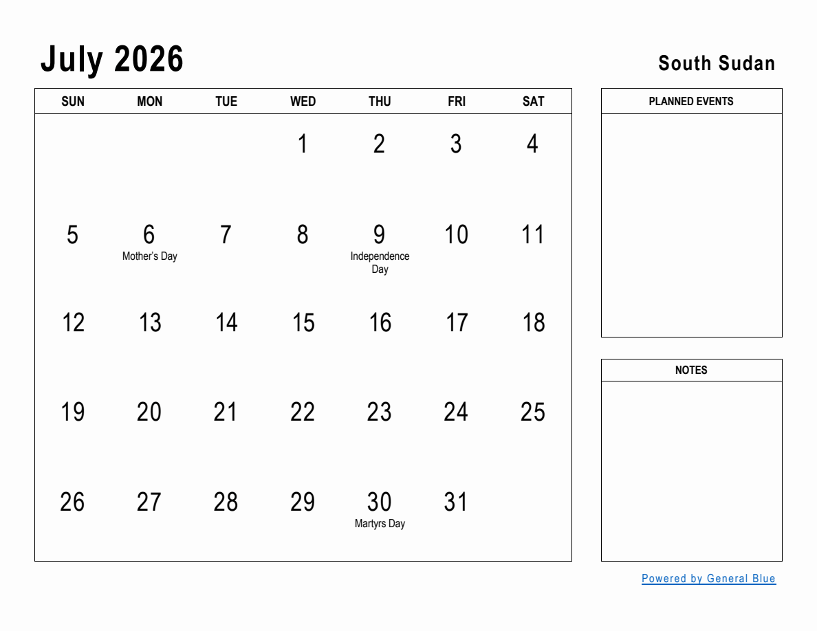 July 2026 Planner with South Sudan Holidays