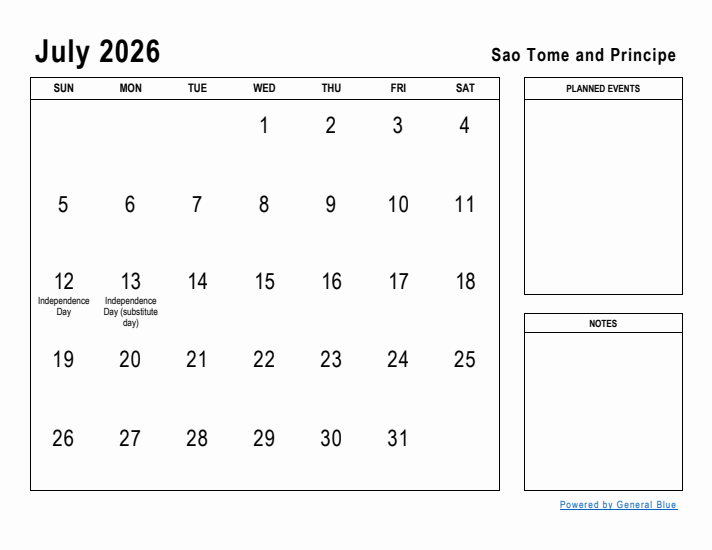 July 2026 Printable Monthly Calendar with Sao Tome and Principe Holidays