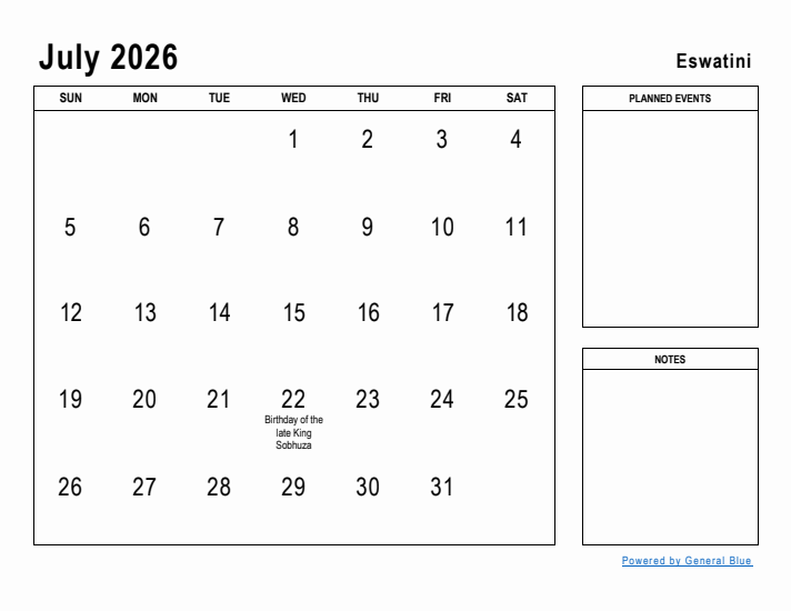 July 2026 Printable Monthly Calendar with Eswatini Holidays