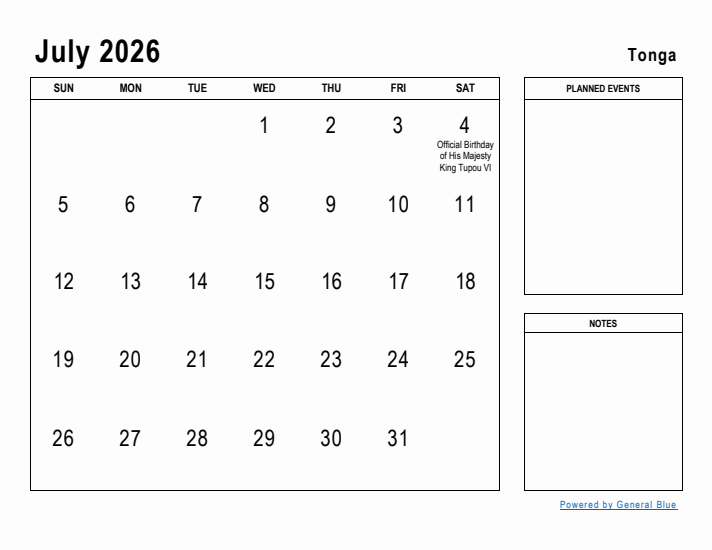 July 2026 Printable Monthly Calendar with Tonga Holidays