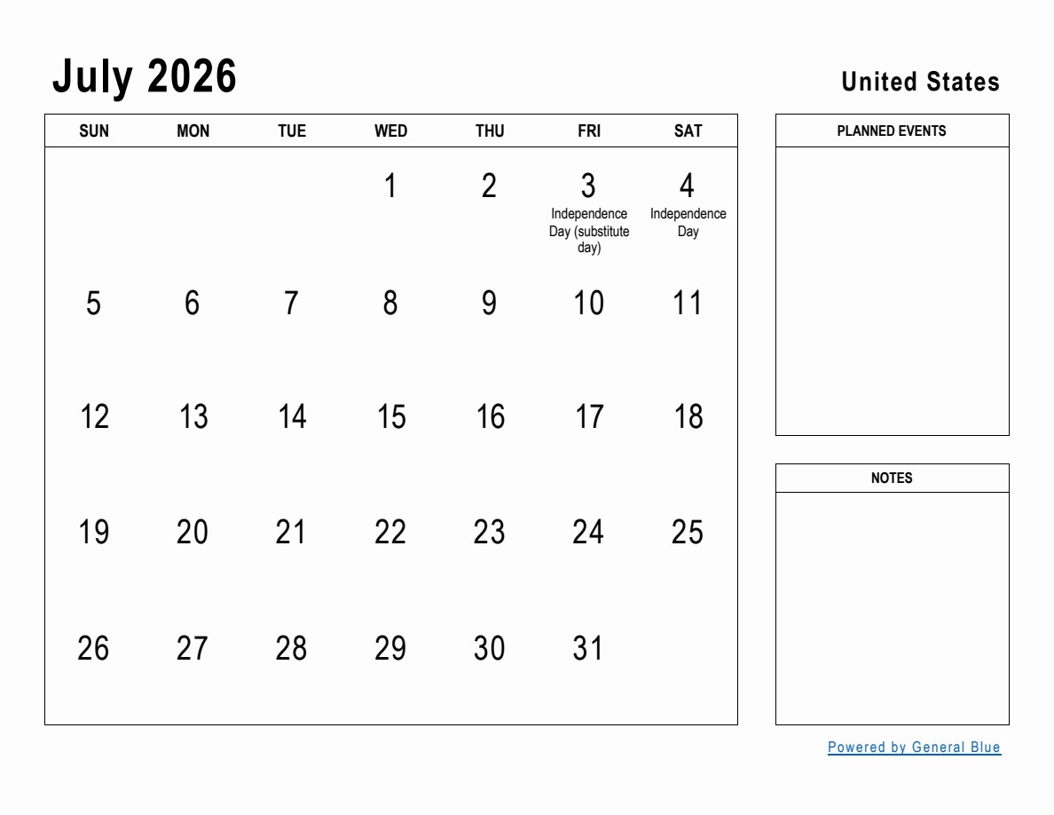 July 2026 Planner with United States Holidays