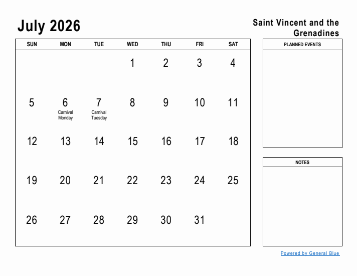 July 2026 Printable Monthly Calendar with Saint Vincent and the Grenadines Holidays