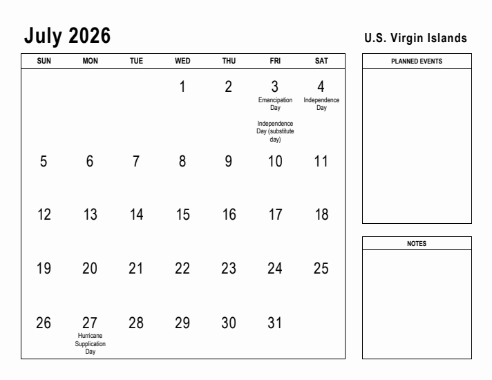 July 2026 Printable Monthly Calendar with U.S. Virgin Islands Holidays