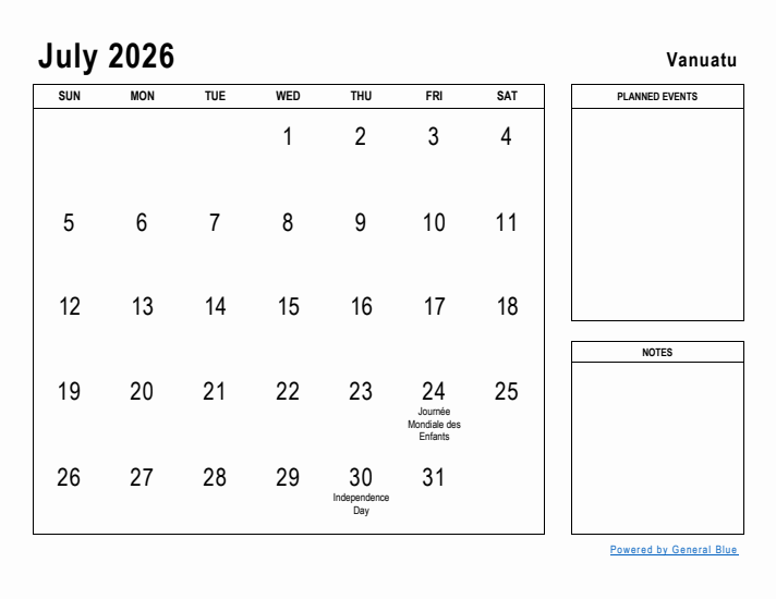 July 2026 Printable Monthly Calendar with Vanuatu Holidays