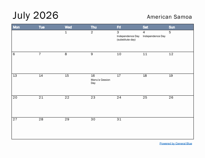 July 2026 Simple Monthly Calendar for American Samoa