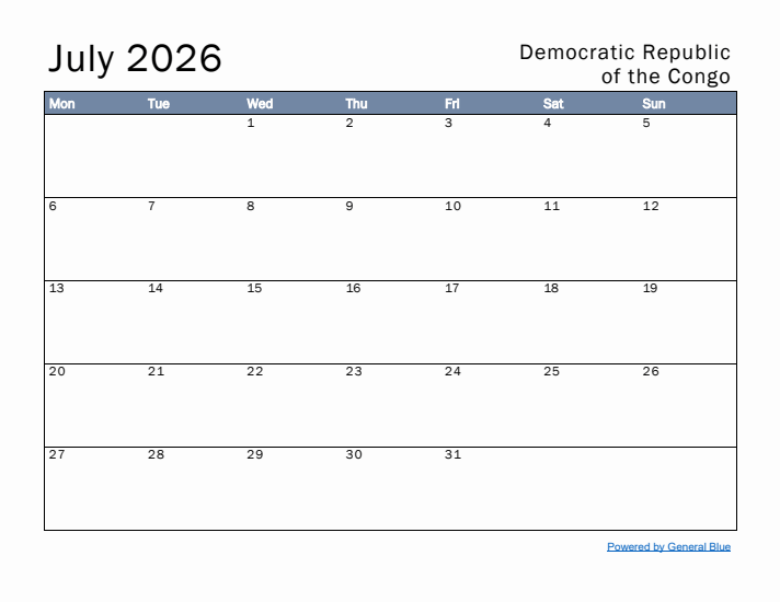 July 2026 Simple Monthly Calendar for Democratic Republic of the Congo
