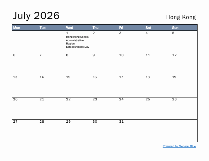 July 2026 Simple Monthly Calendar for Hong Kong