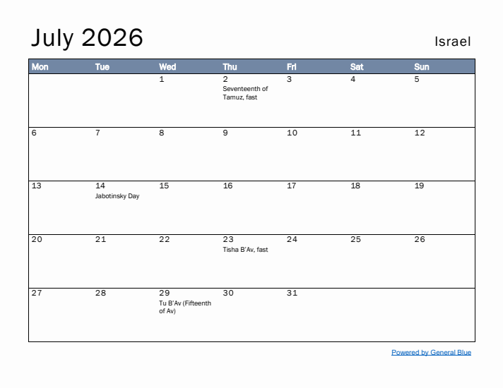 July 2026 Simple Monthly Calendar for Israel
