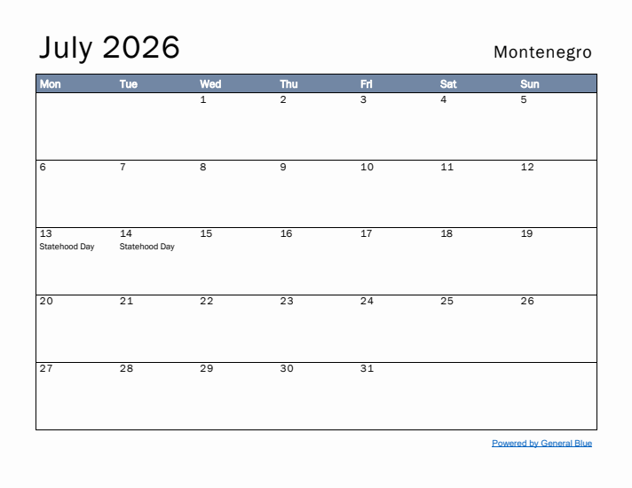 July 2026 Simple Monthly Calendar for Montenegro